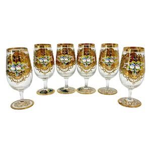 6 Mirea Crystal Gold Colored Floral Wine Glasses